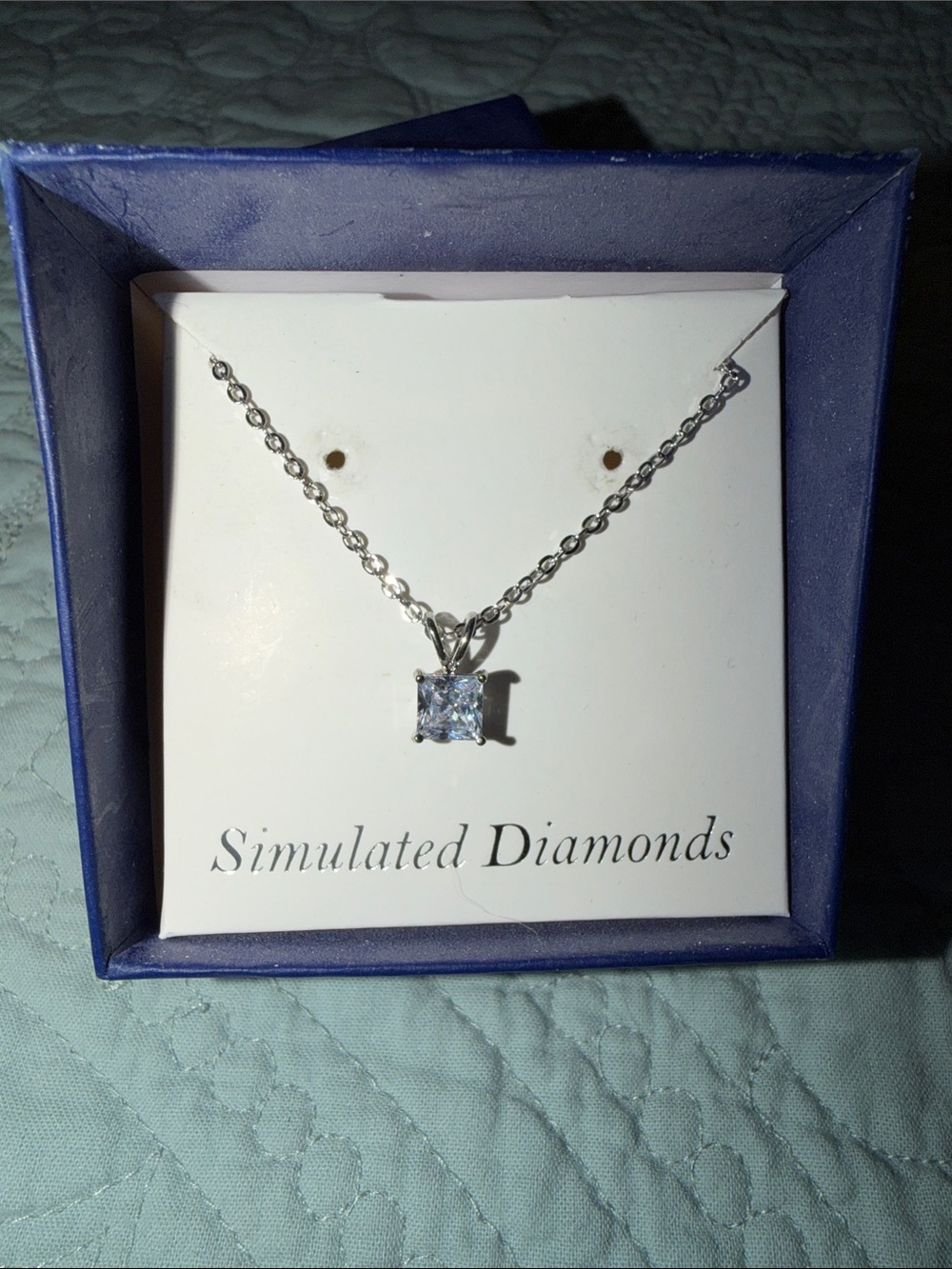 Simulated Diamond Square-Cut Pendant Necklace in Silver